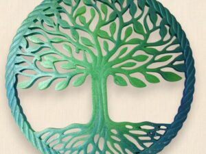 Suspension murale Arbre de Vie en nuance de vert et bleu résine époxy diamètre 20,7cm